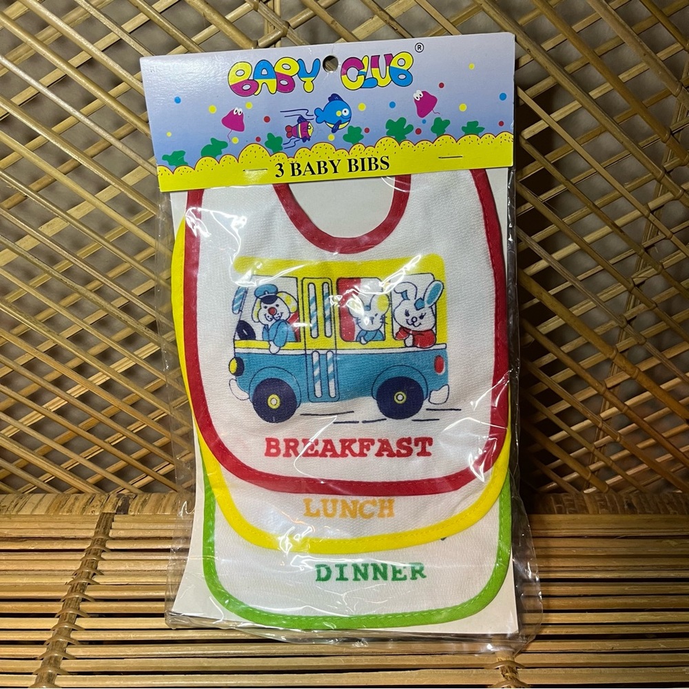 Vintage 80s 90s Breakfast Lunch Dinner Baby Bibs Animals vibrant color